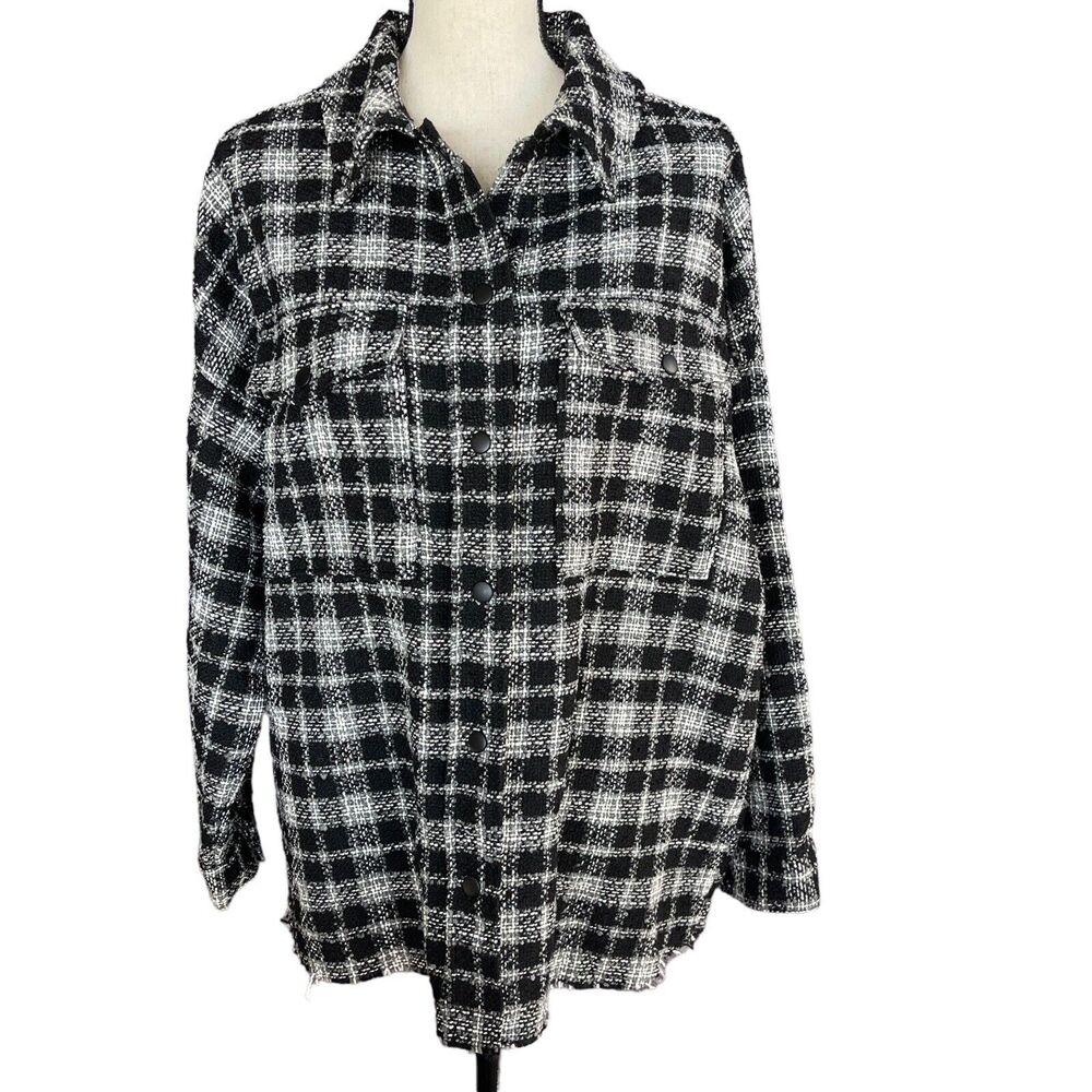 Black Tape SZ X (0X) Shacket Jacket Plaid Snap Front Long Sleeve Pockets Womens